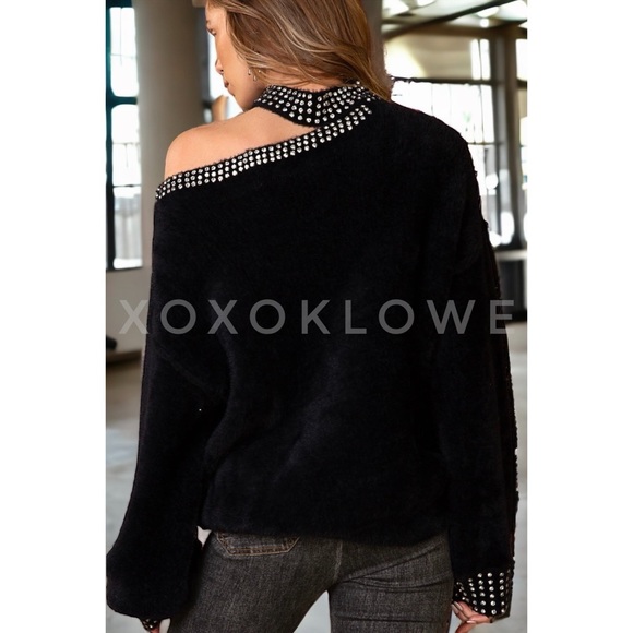 LAST ONE POL Black Faux Mohair & Rhinestone Cutout Halter Neck Sweater - Picture 6 of 10